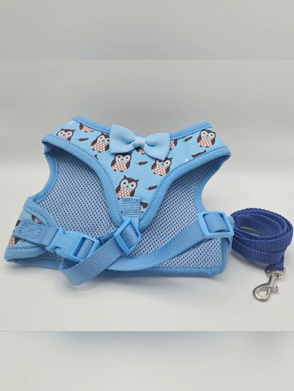 Cute Blue Owl Print Bowtie Pet Harness with 4 ft Leash Small Dog Cat 10